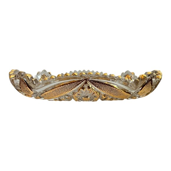 Vintage Clear & Gold Pressed Glass Oval Dish With Intricate Starburst & Geometri - Picture 5 of 10